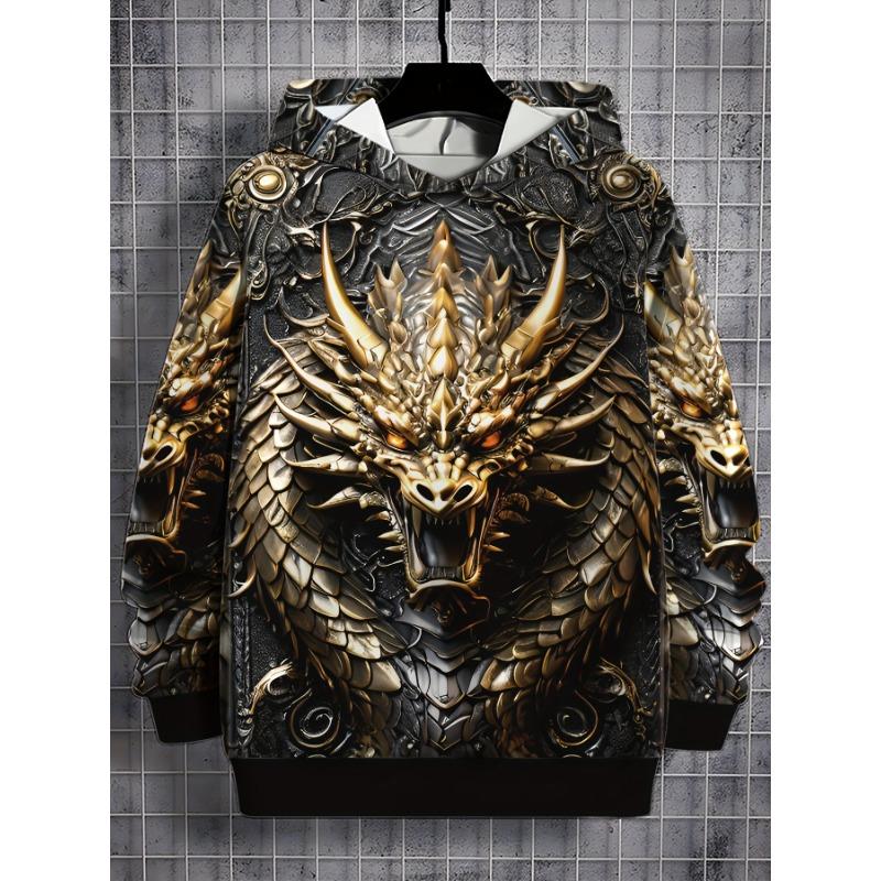 Fashion Men's Hooded Hoodies 3D Prints Dragon Blaze Sweatshirt Drawstring Sportwear Long Sleeve Tops Casual Men's Clothing
