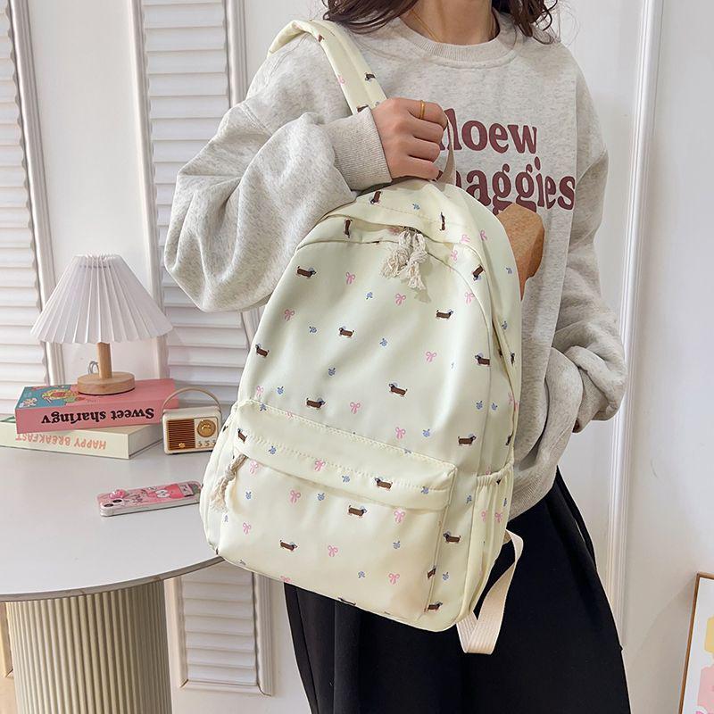 Japanese Style Cute Floral Backpack for Girls - Versatile Dachshund Design, Perfect for Middle School and University Students