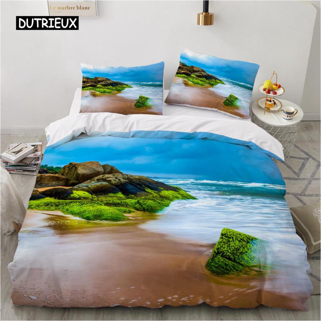 Ocean Bettbezug-Set King Size Polyester Tropischer Ozean-Stil Sandstrand und Meer mit Wellen Flucht ins Paradies Thema Bettwäsche-Set