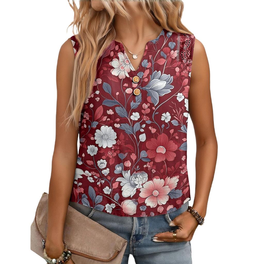 Women's Casual, Loose-Fitting, Printed, Sleeveless Linen Blouse