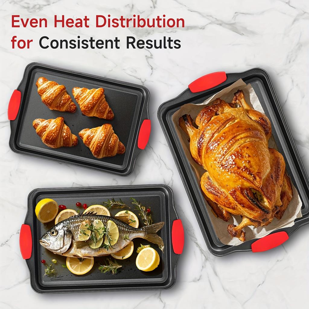 3-Piece non-stick baking pan with red silicone handle kitchen baking board heat-resistant