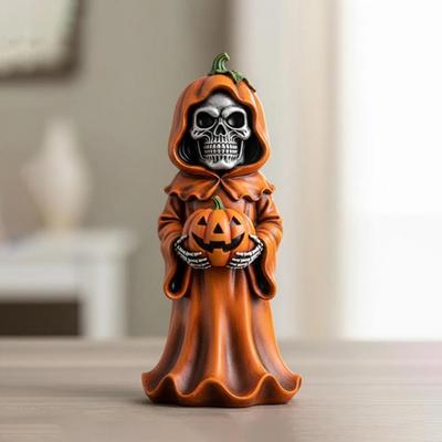 Intricate Skull Design Halloween Decor Spooky Halloween Skull Pumpkin Figurine Resin Skeleton Statue Indoor Home Decor Ornaments