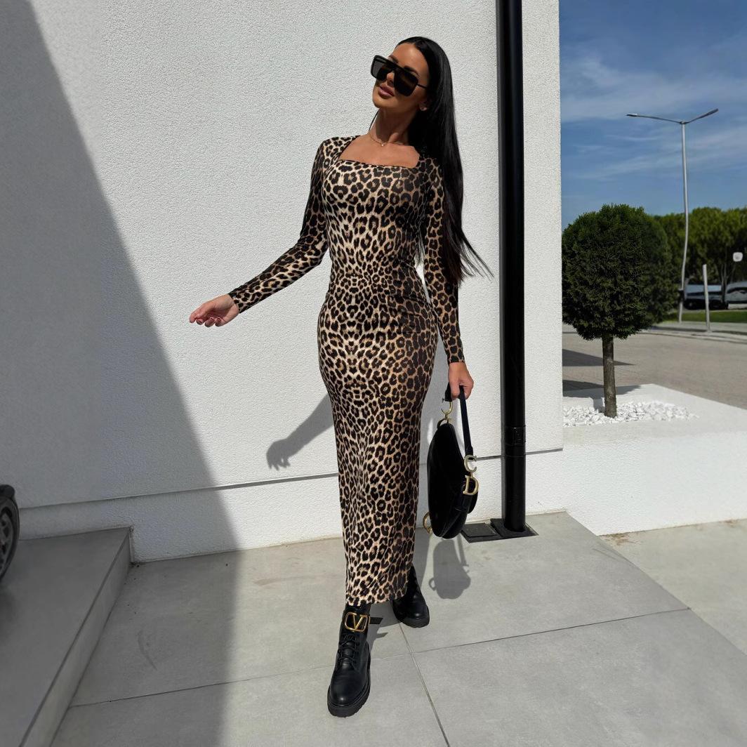 

Женское сексуальное облегающее платье с леопардовым принтом, длинная юбка, квадратный воротник, горячее платье для девушек с разрезом XXL
