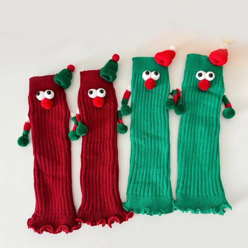 Christmas Holiday Leg Covers 3D Santa Hat Doll Magnetic Hand Holding Leg Warmers Socks with Big Curious Eyes for Women