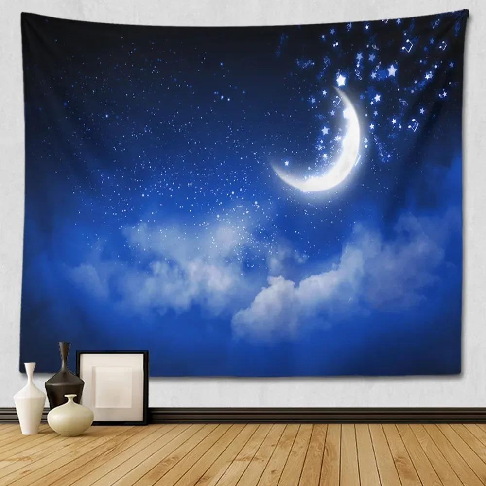 Suitable For Bedroom Wall Decoration Starry Sky Moon Tapestry Blue Starry Night Galaxy Universe Large Fabric Wall Hanging