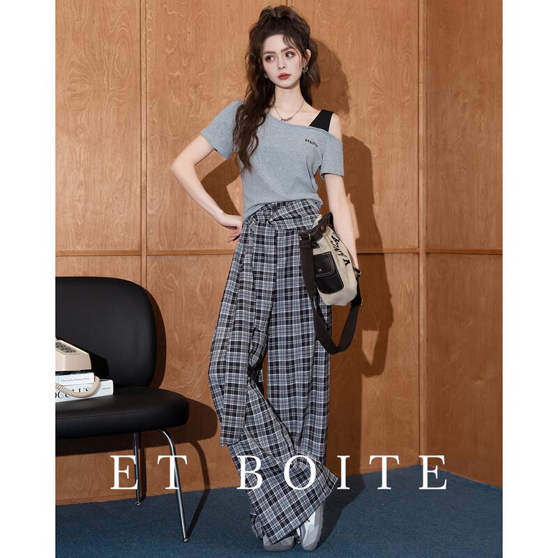 ET BOITE Women s Faux Two-Piece T-Shirt & Checkered Pants Summer Set L