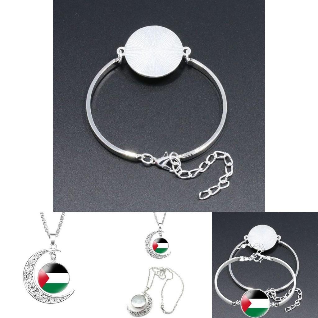Palestinian Flag Design Time Gem Moon Pendant Necklace Unique Neck Chain