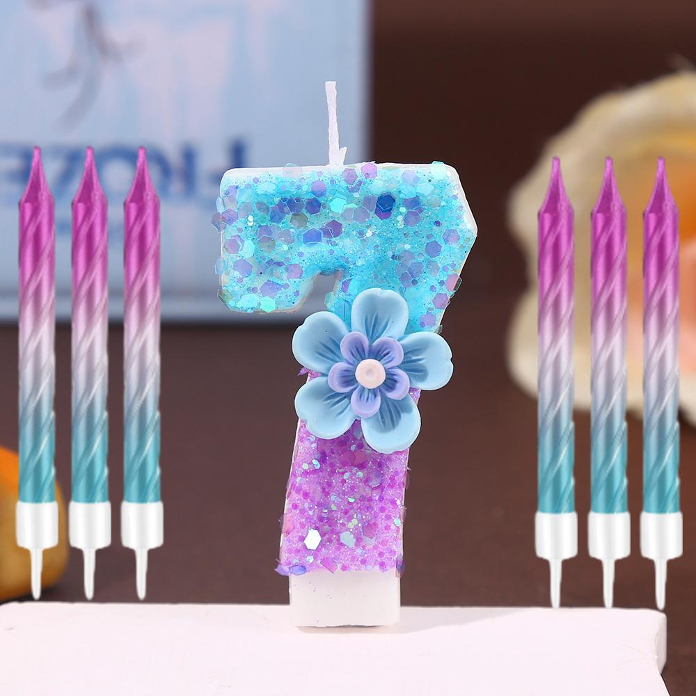 7pcs Blue Purple Flower Birthday Number Candles,Flower Theme Party Decorations, Cupcake Decorations,Suitable for Party Celebrati