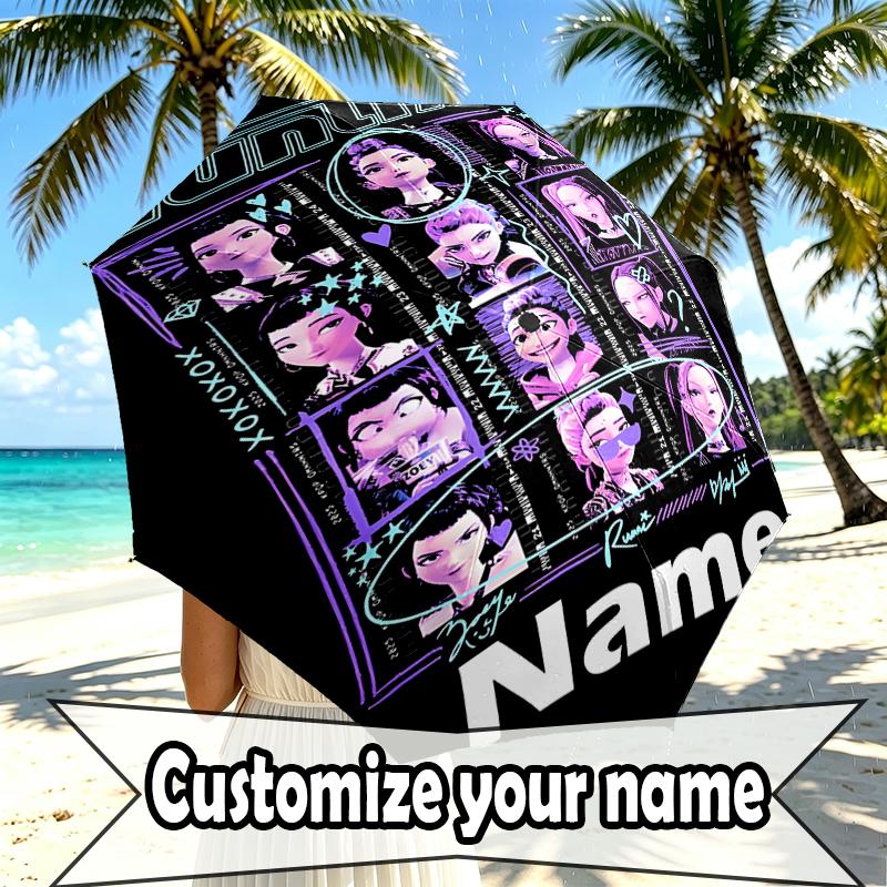 Custom Name Personalized KPop Demon Hunters Print Umbrella, Auto Open Close, 8‑Rib Sturdy Frame, Commute Camping Hiking Use, Birthday Gift
