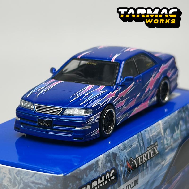 QEZT6 Tarmac Works 1:64 TW VERTEX Toyota Mark II JZX100 Blue Metallic Chase alloy car model