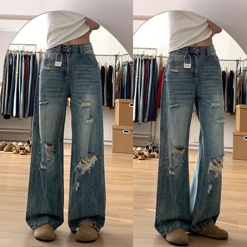 Women s High Waist Blue Ripped Jeans - Autumn 2025, Retro Loose Straight Leg, Petite Fit 2XL