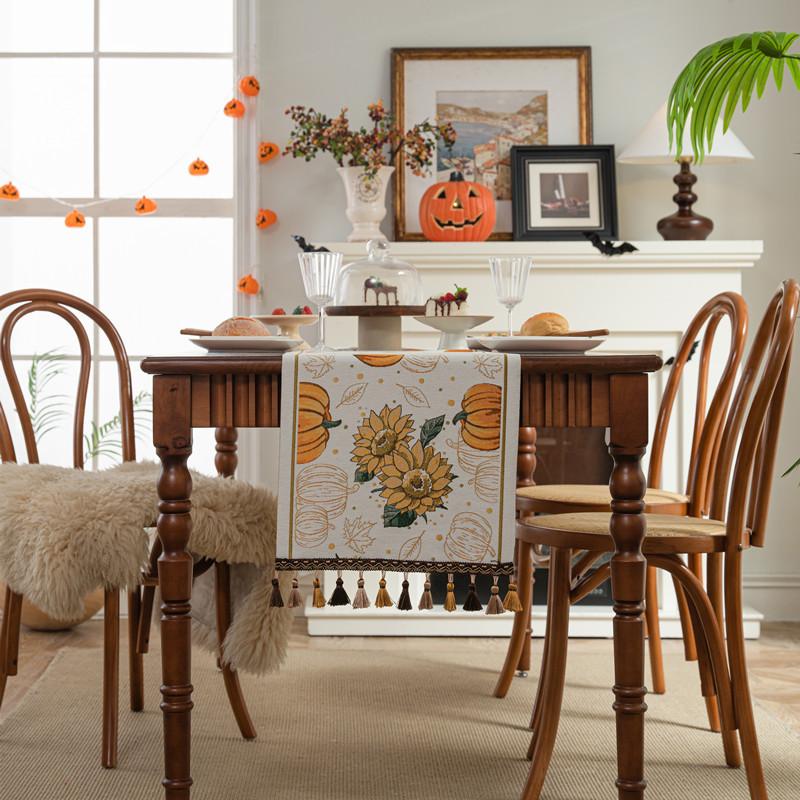 

Thanksgiving Pumpkin Printed Table Runner Halloween Skull Bat Tassel Tablecloth for Dinner Soft Dustproof Furniture Protector 35x140cm