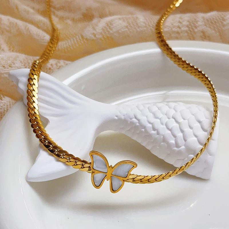 Stainless Steel New Fashion Jewelry Vintage Style Embed Seashell Butterfly Women Charm Chain Necklace Bracelet Earrings