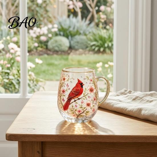 Zahradní styl Šálek na čaj Ranní skleněný pohár, Termoska se vzorem kolibříka a květin se zlatým okrajem, Skleněné nádobí s elegantním přírodním okrajem na kávu a džus