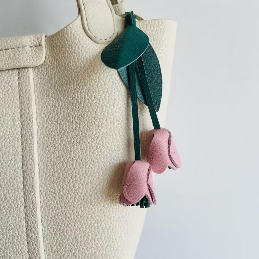 Valentine's Tulip Leather Keychain Gift | French Lambsskin Engravable Pendant | Luxury Jewelry for Her