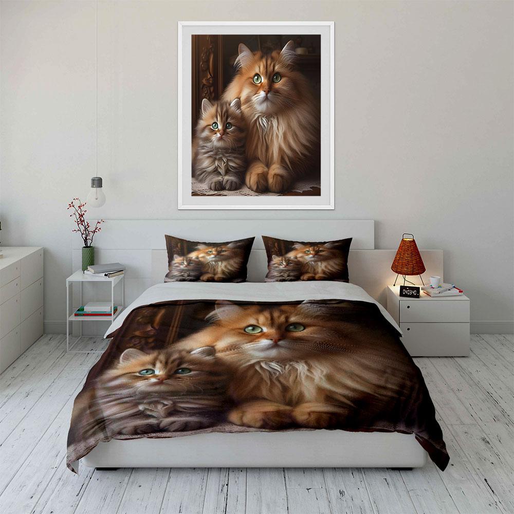 Fluffy Cats Close Together Bedding Set For Kids Luxury Gift 3Pcs Digital Print Comforter Set Soft Comfortable Breathable