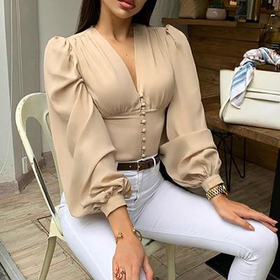 Elegante Bluse für Damen mit Laternen-Motiv, langärmelig, V-Ausschnitt, bauchfreies Top, modische Hemden, Button-Down-Blusen für Damen