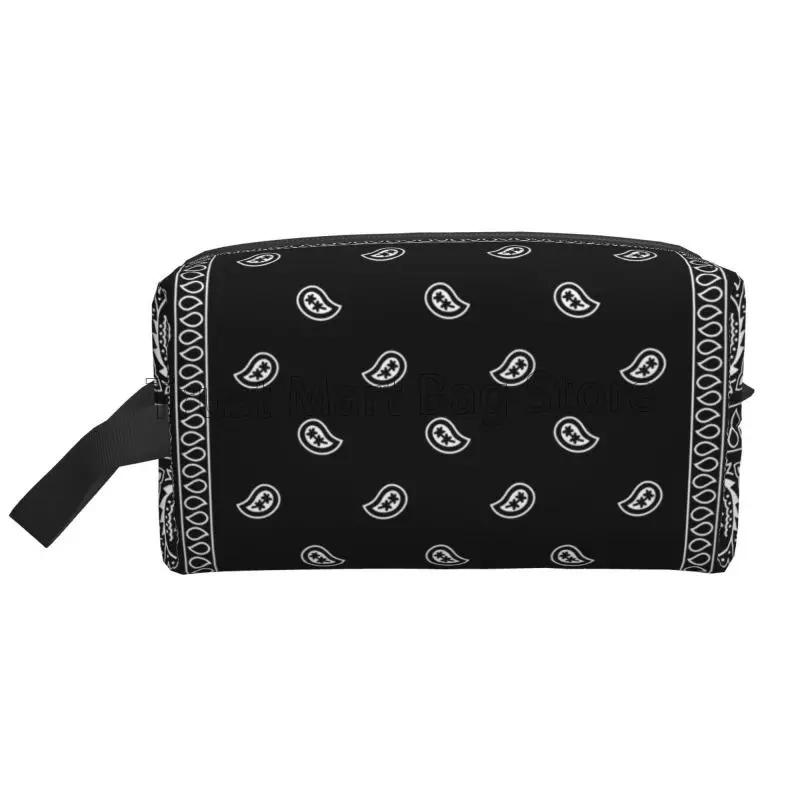 

Colorful Paisley Black Bandanna Border Scarf White Make Up Bag Waterproof Toiletry Bag for Women Portable Travel Cosmetic Bags чёрный