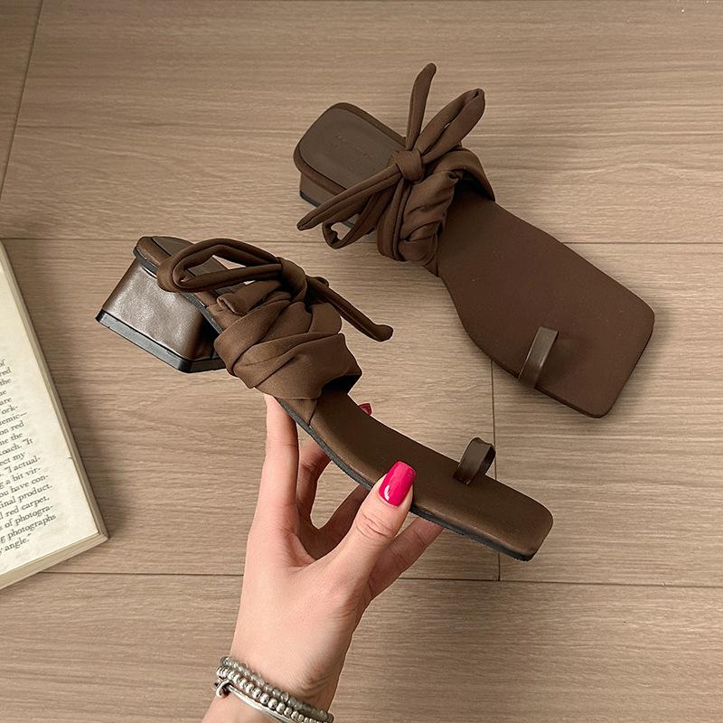 2025 Sleeve toe strap sandals fairy style spring versatile cross strap square head medium thick heel Roman high heel