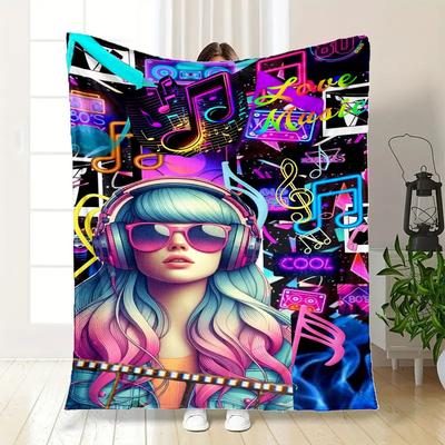 "80er Jahre Neon Musikfestival Kopfhörer Damen Hoodie" Decke Flanell Überwurfdecke für Sofa, Bett, Reisen, Camping, Büro