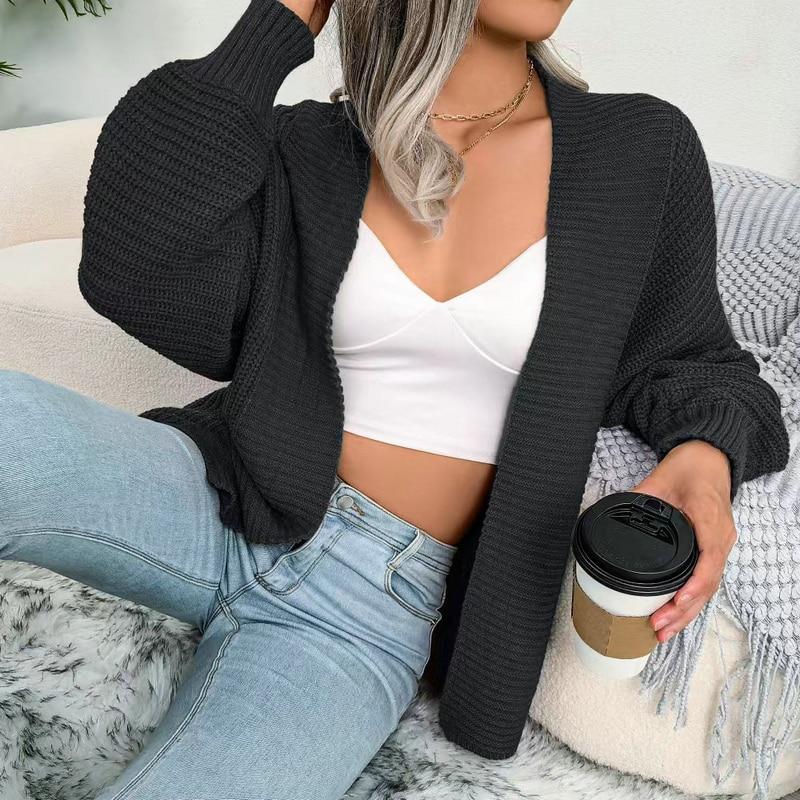 

Вязаный свитер с v-образным вырезом, модное женское повседневное свободное пальто с длинным рукавом «летучая мышь», винтажный однотонный мягкий топ, куртка, женский трикотаж 27954 One Size чёрный