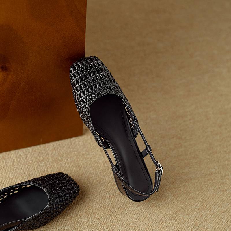 Krazing Pot Microfiber Weaving Summer Size 41 Med Heels Slingback Party Shoes Women Square Toe Gladiator Hollow Out Pumps