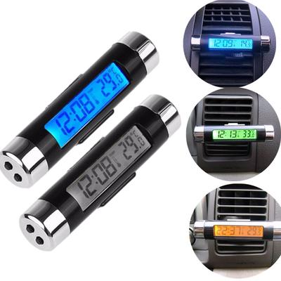 Useful LCD Car Watch Thermometer Combination Clip-on Outlet Luminous Clock Interior Accessories