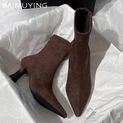 Botas de neve de salto alto femininas, bico fino, botas de camurça, designer sexy, sapatos de inverno da moda, tendência 2024, novo vestido, botas de mulher