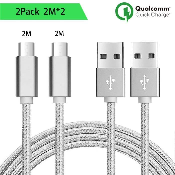 Câble Micro USB - Non spécifié - Lot de 2 - 2M - Nylon Argenté - Compatible Android