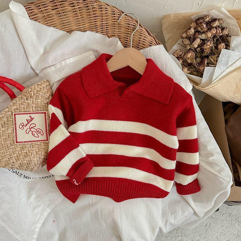 

Детский корейский свитер-пуловер поло с цветными блоками: Полосатый трикотаж для мальчиков и девочек на осень/зиму. 100 красный