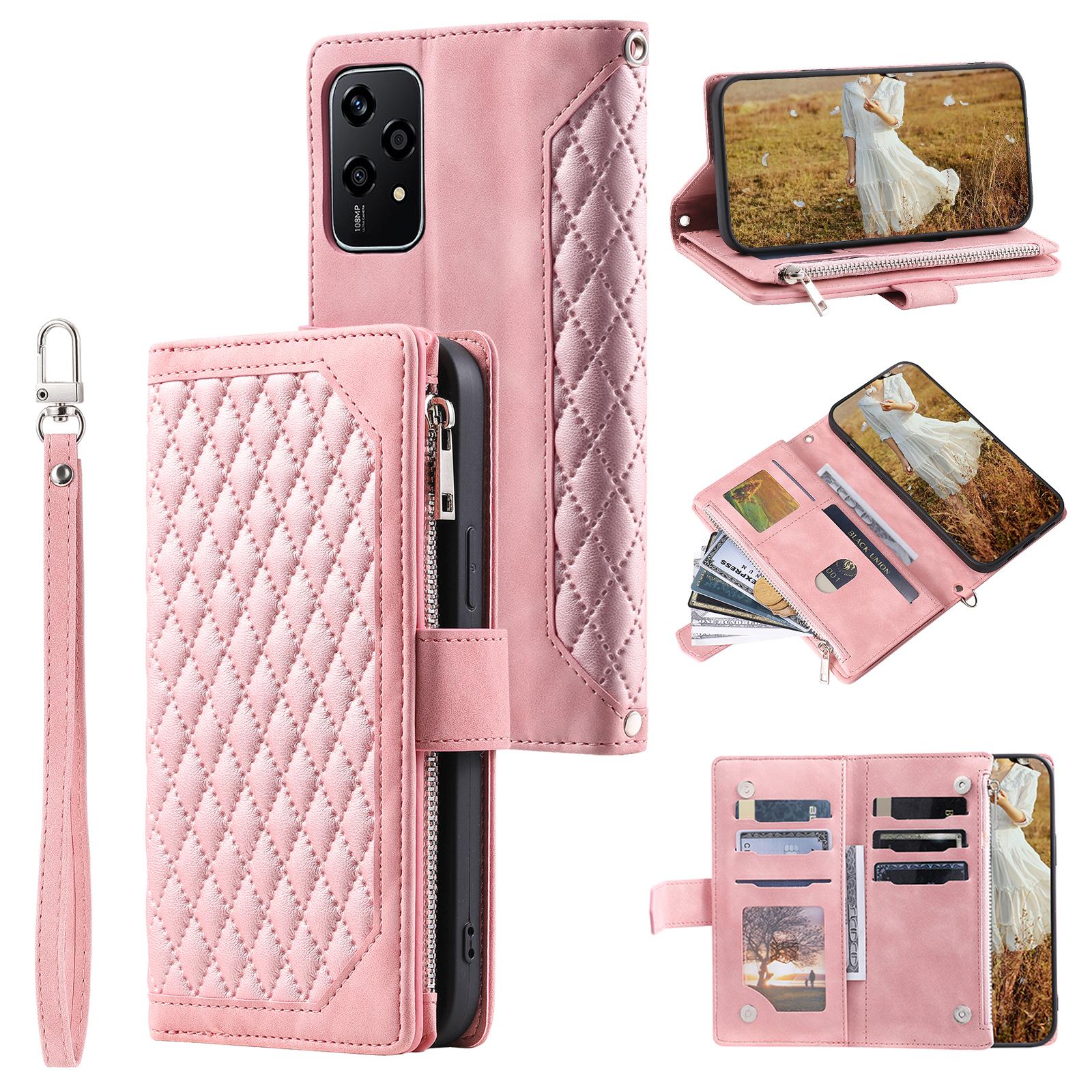 

Style 005 For Honor 200 Lite Case Zipper Wallet Grid Leather Phone Cover Rose Gold