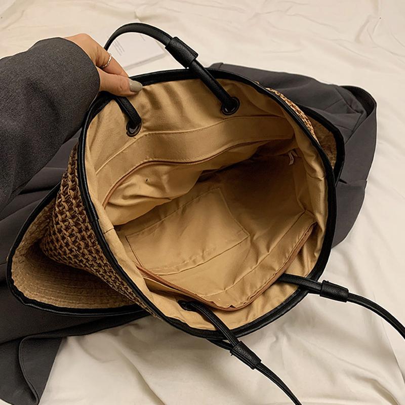 Multi Pockets Summer Beach Straw Shoulder Bag For Women Mesh Durable Travel Handbag Large Capacity Hollow Out Bucket Tote Bag