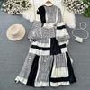 High-end Celebrity Temperament Lantern Long-sleeved V-neck Waist Thin A-word Printed Dress Elegant Pendulum Long Skirt