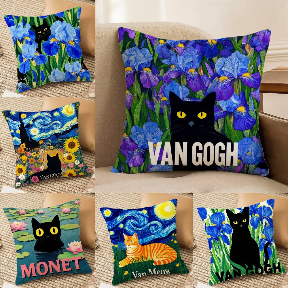 The Cute Cat In Van Gogh's Pillowcase, Soft and Comfortable, Sofa Cushion Cover, Suitable for All Kinds of Rooms and Places