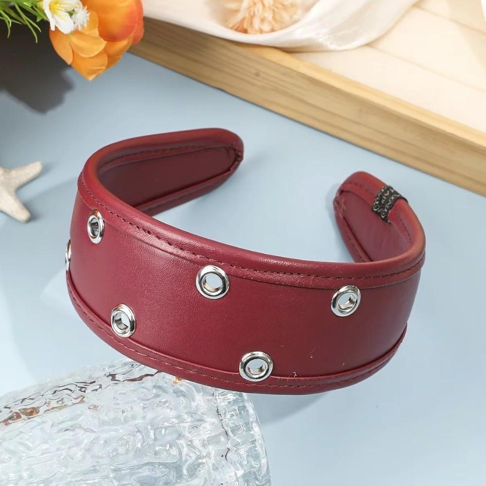 Punk Leather Headband Black and Red Hollow Ring Hair Hoop Ins Metal Rivets Headwear Festival