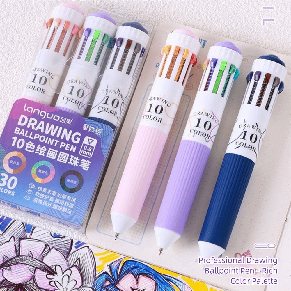3Pcs/Box 10 Color Drawing Ballpoint Pen Retractable 0.8mm Colored Pens Colorful Multicolor Pens for Painting Study Marking