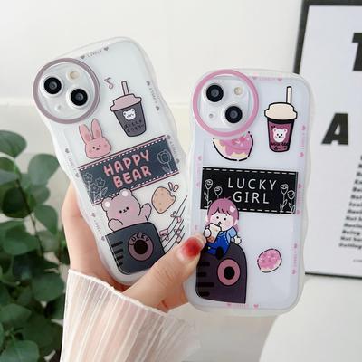 Transparent Wave Edge Painted Silicone Case for iPhone 15 14 13 11 Samsung A14 A24 A34 A54 Xiaomi Redmi Note 10 11 12 Funda Milk Tea Bear Girl Cover