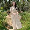 French Sweet Short-sleeve Chiffon Floral Dress for Women, New Summer Gentle Ruffle Elegant Long Skirt