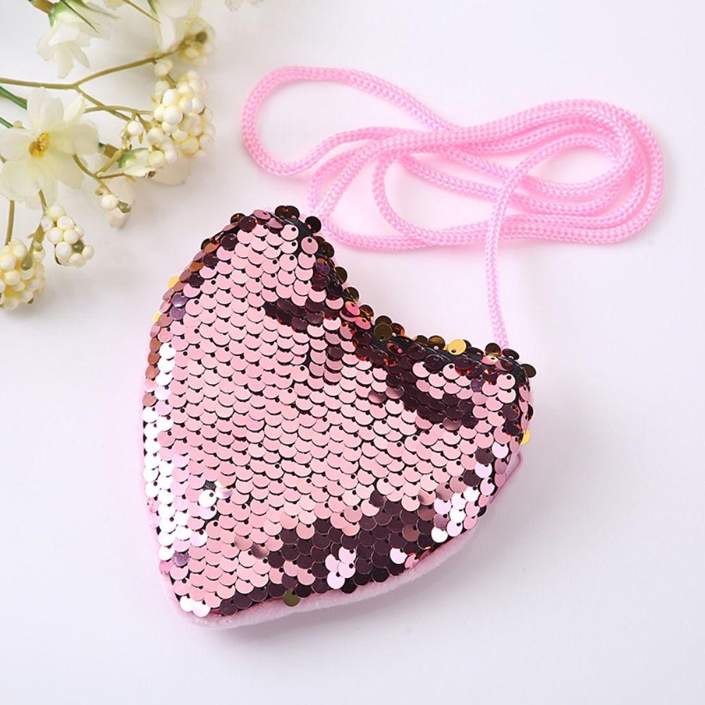 High Quality Mini Cute Kids Tote Bag Decorative Heart Shape Sequin Bag Princess Shiny Kids Funny Shoulder Bag