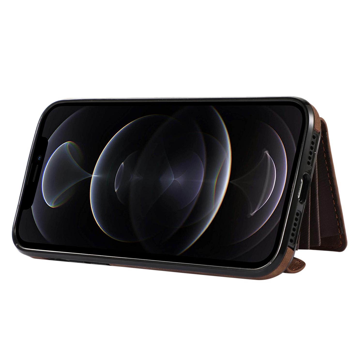 

For iPhone 12/12 Pro 6.1 inch PU Leather+TPU Phone Case Kickstand Cover with RFID Blocking Card Bag Brown