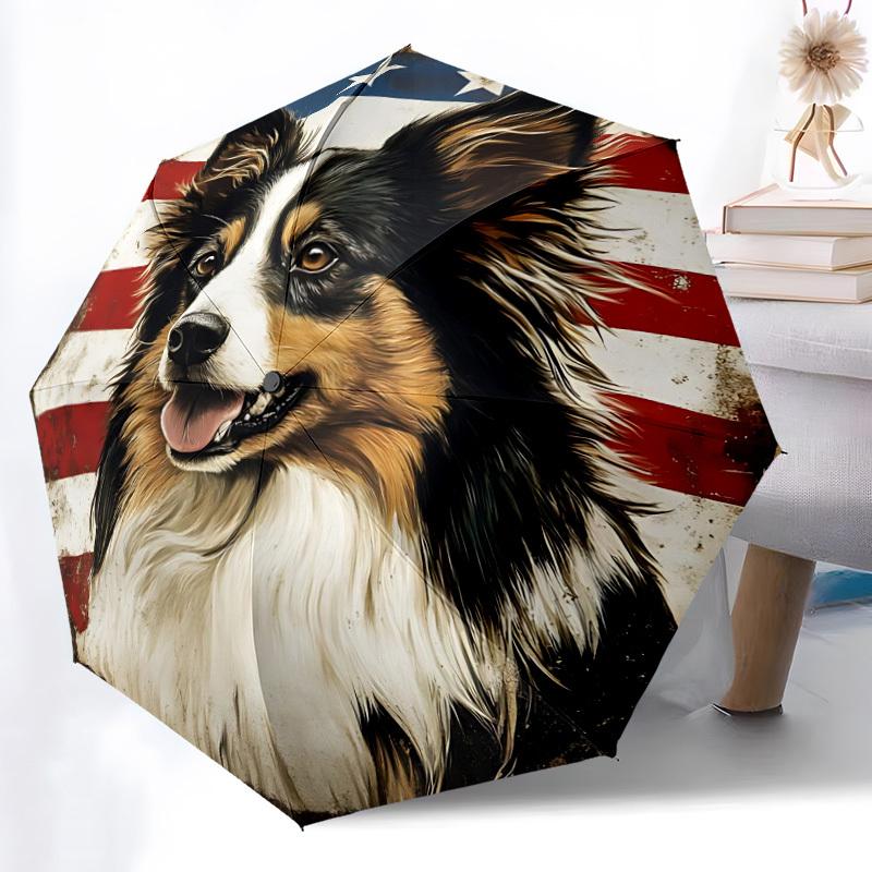 1pc Patriotic Dog Automatic Folding Umbrella, Sturdy And Durable Automatic Folding Umbrella with 8 Ribs, Convenient for Outdoor Use058