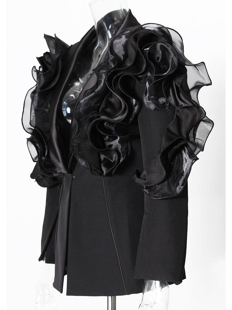 Niche Elegant Black 3D Ruffle Asymmetrical Slim Blazer