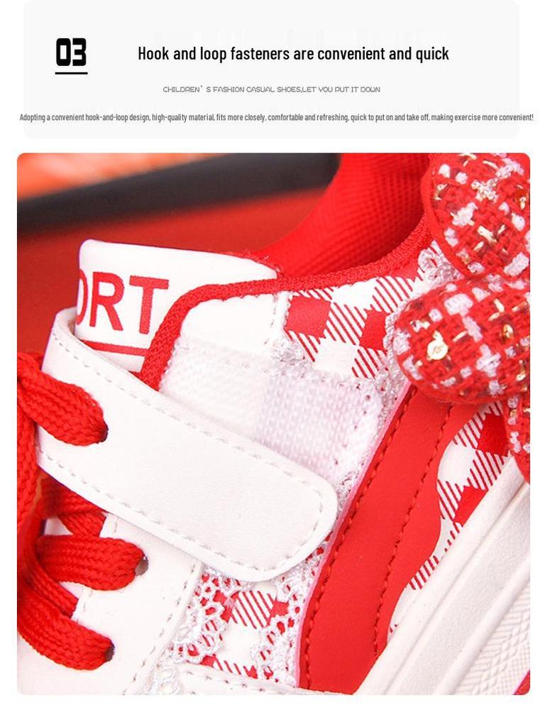 2025 Winter Girls' Red Non-Slip Sports Shoes - Versatile, Casual Board Shoes for Medium and Large Children