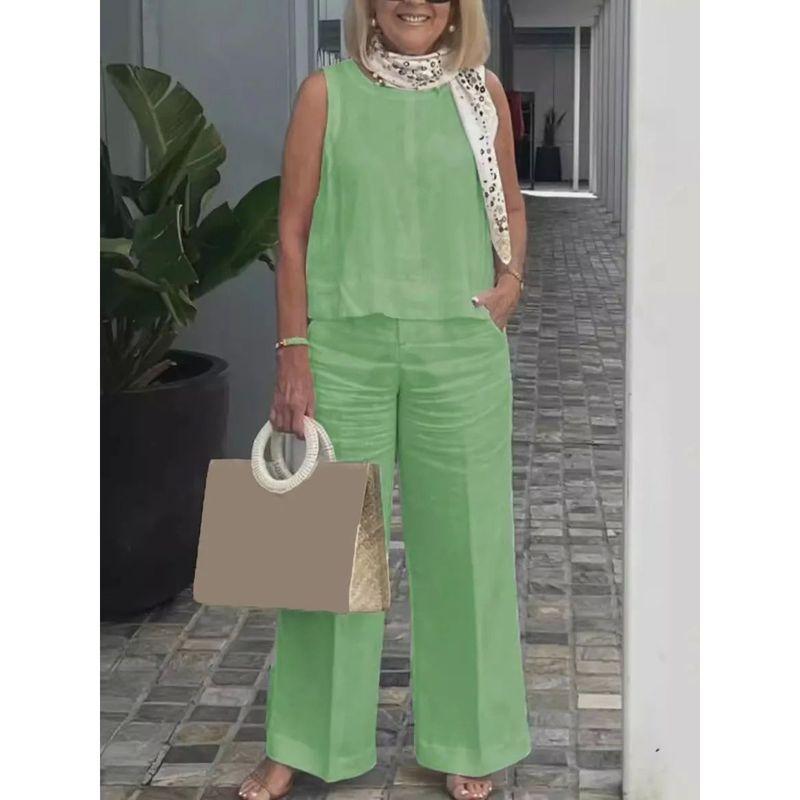 

Sleeveless Top, Wide Leg Pants Set Loose Sleeveless Top Wide Leg Pants Suit Green M