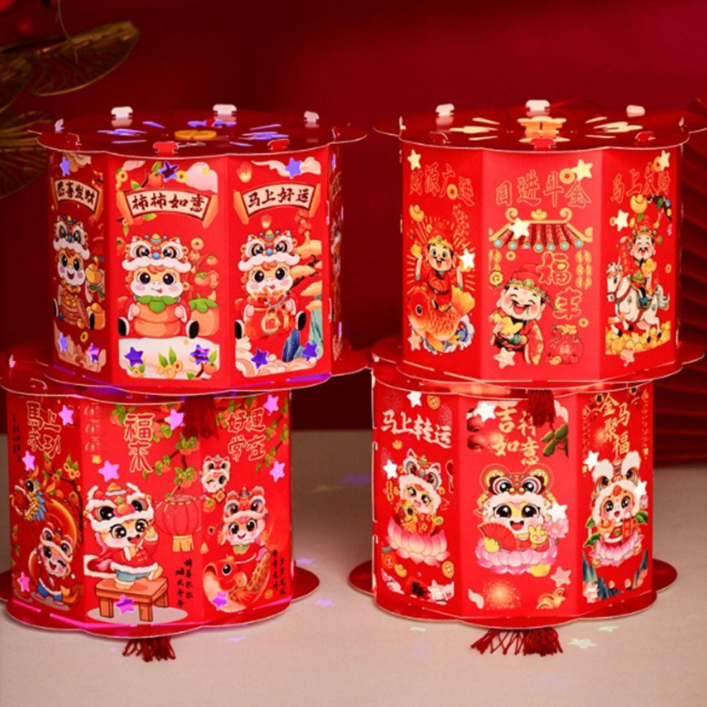 Kreskówkowa Lampion Zodiakalny Koń z Frędzlem Ręcznie Robiony Lampion na Festiwal Wiosny Funkcja Projekcji Słowa Błogosławieństwa Lampion Ręczny