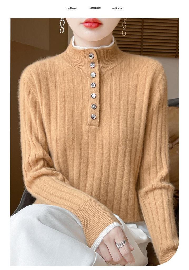 2025 Korean Style Double Stand Collar Wool Sweater - 100% Pure Wool Thickened Knitwear