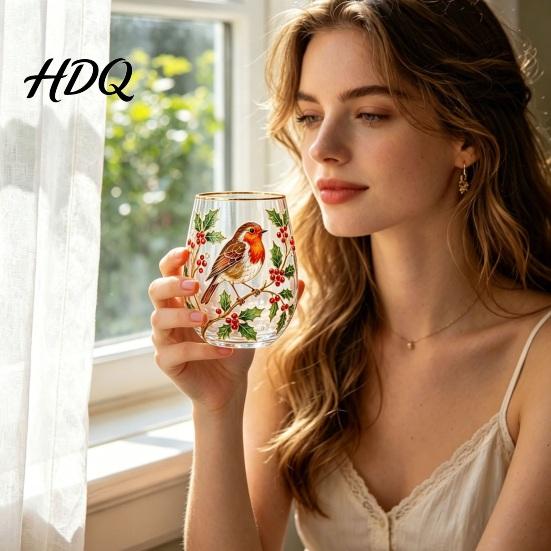 Large Capacity Wine Glass Cup Egg Shape Clear Lead-Free Crystal Enamel Painted Golden Rim Liberty Bell Themed Vintage Drinking Tumbler Glassware for