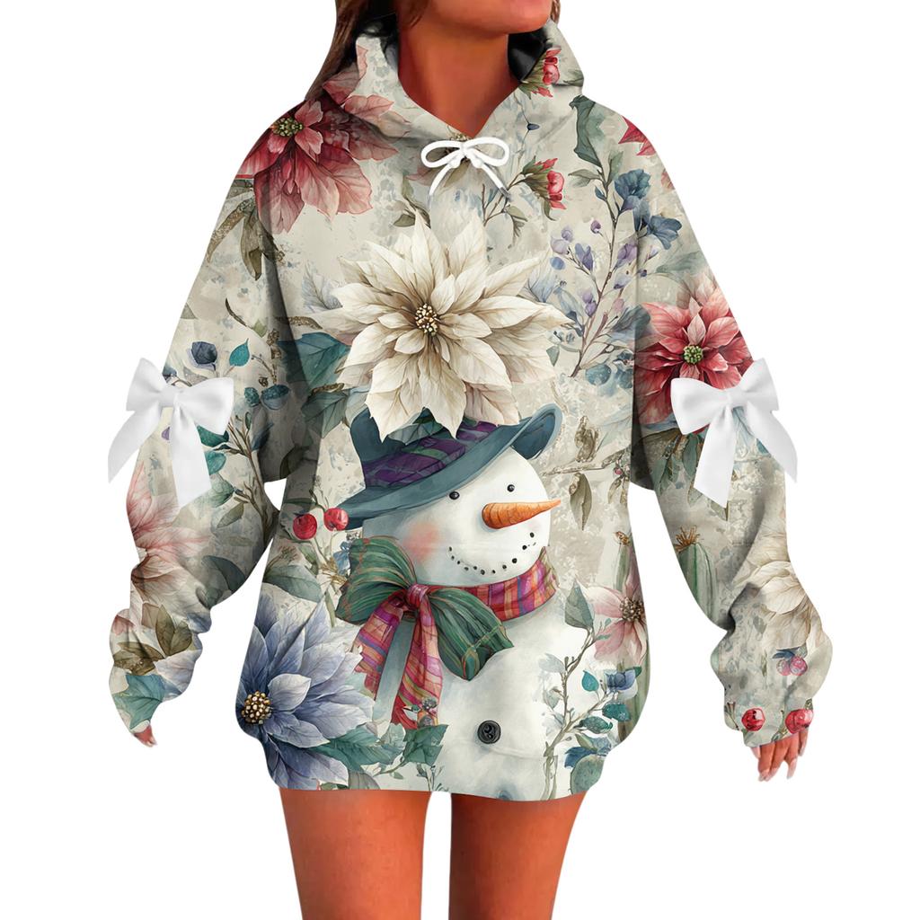 Ladies' Christmas Printed Bow Long Sleeved Loose Fitting Headband With Rope Hooded Sweatshirt Top