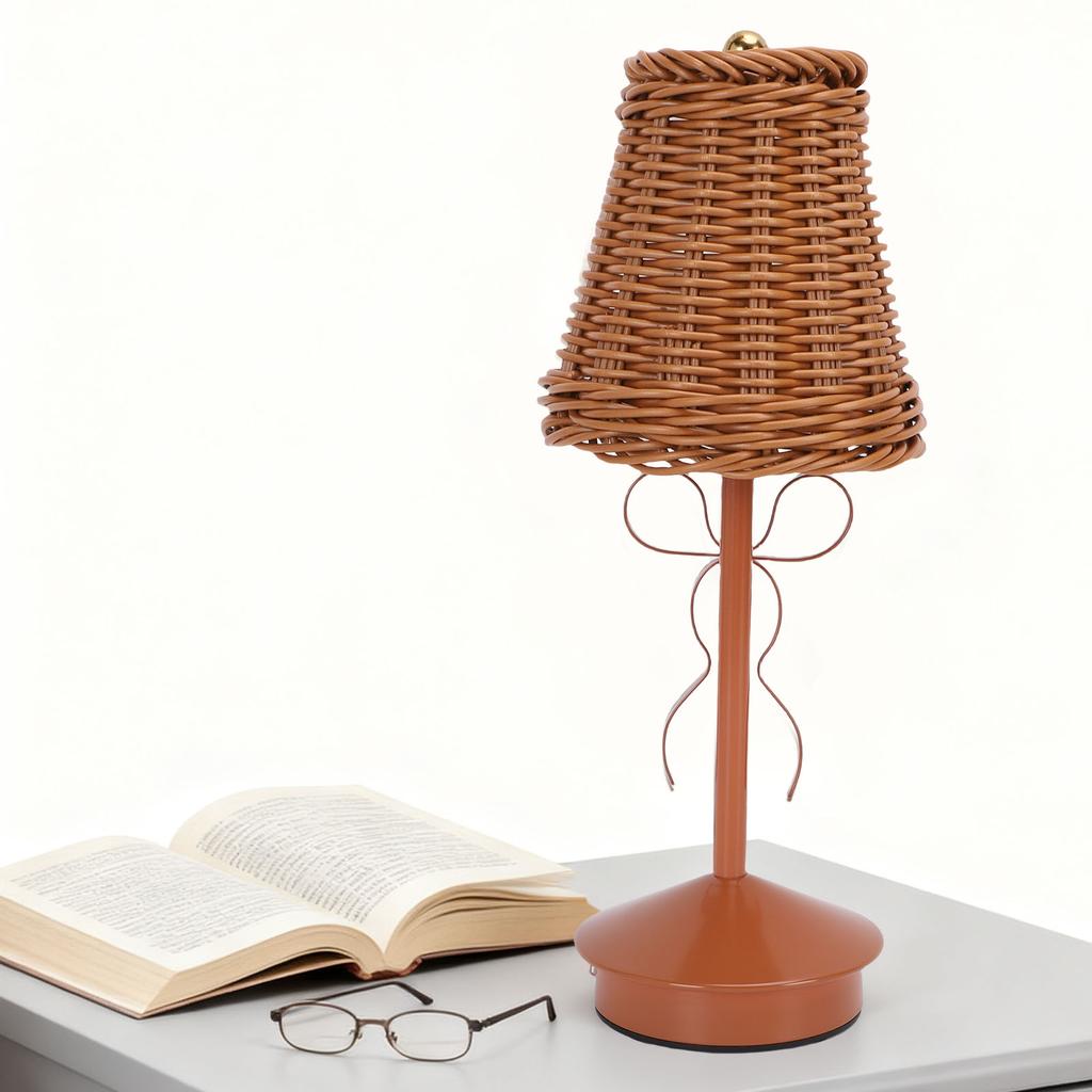 Table Lamp Touch Dimming 3 Color Temperatures Cordless Rechargeable Vintage PC Rattan Bedside Lamp with Bow for Bedroom Dinning Room
