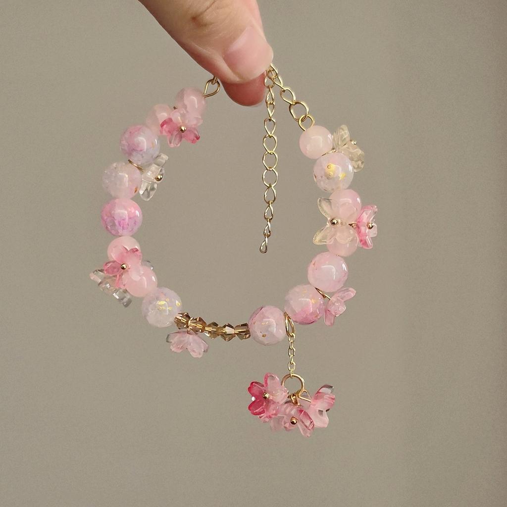 Pink Plum Cherry Blossom Crystal Butterfly Flower Berry Bracelet Women Sweet Jewelry Gifts